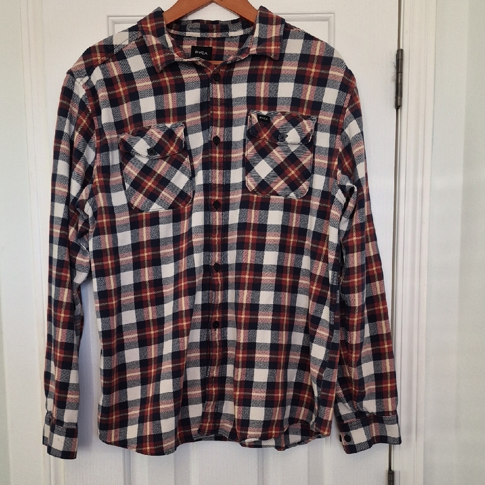 RVCA Men's Plaid Flannel Shirt - Red and Blue